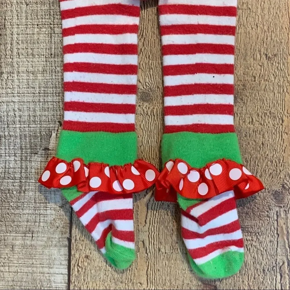 Mud Pie Santa Baby Christmas Red White Striped Ruffle Tights Size 0-6 Months